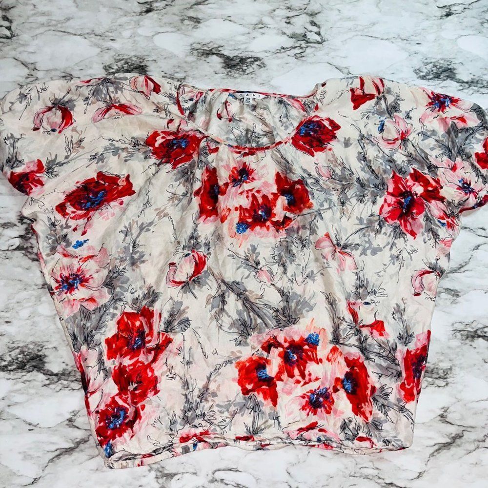 cAbi Blouse Floral Dolman Sleeve Silk Cream/White Women XS Cottage Boho Fairy